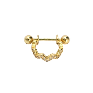 Gold wavy 925 sterling silver cartilage hoop earring with sparkling zircon crystals