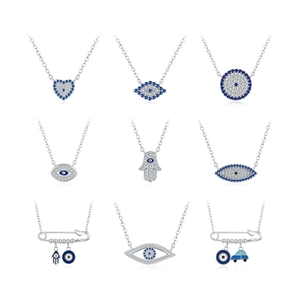 S925 sterling silver necklaces featuring geometric safety pin and evil eye pendants