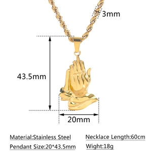 Golden stainless steel praying hands pendant necklace with product dimensions on white background