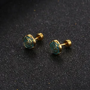 Elegant gold-plated blue enamel rose stud earrings with screw back design for women