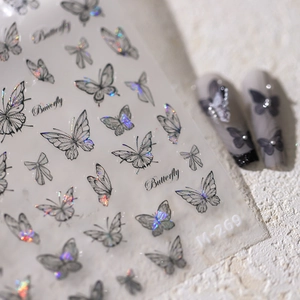 Stickers ongles papillon holographiques laser M-269 avec motifs de nœuds noirs et blancs