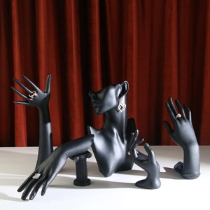 Professional matte black jewelry display set with mannequin bust and hand models on velvet