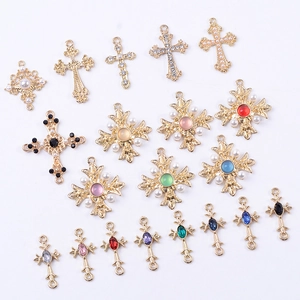 Golden alloy cross pendants with colorful crystals and pearls for DIY jewelry making