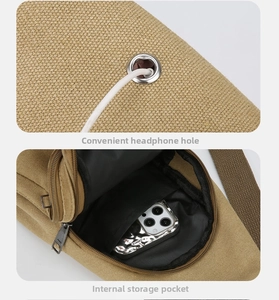 Detail of khaki canvas sling bag showing earphone port and internal zipper pocket