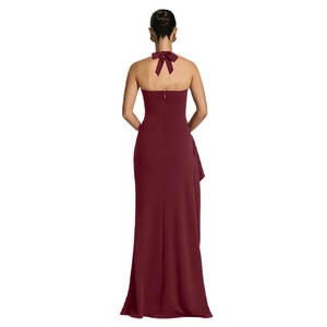Burgundy halter neck maxi dress with backless tie design and slit ruffle hem details