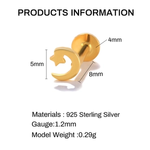 Detailed size specifications for 925 silver crescent moon flower cartilage earring piercing