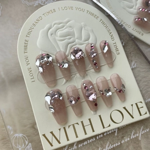 Handmade Coffin Press On Nails Gradient Pink Jelly Heart Rhinestone Artificial Pearl French Luxury Elegant