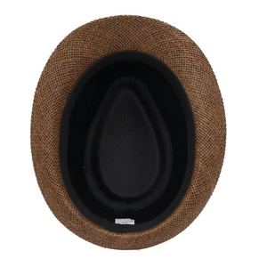 Detail view showing 100% paper straw texture and inner sweatband of the brown hat