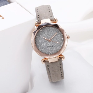 Starry sky dial women's quartz watch with gray frosted leather strap and rose gold case