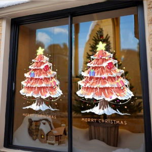 Sticker Fenêtre Sapin De Noël Rouge Statique PVC Double Face Amovible 3D Pour Porte Vitrée Magasin Décoration Festive