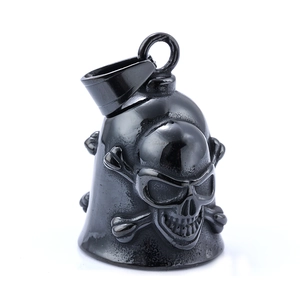 Polished black skull and crossbones bell pendant for men in retro biker style