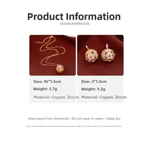 Detail view of gold vintage jewelry set with red zircon, dimensions and materials shown