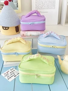 Quilted Nylon Cosmetic Bag Padded Travel Toiletry Organizer Large Capacity Macaron Color Embroidery Handle Portable
