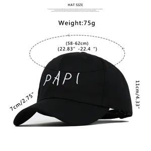 Detailed size chart for black cotton PAPI baseball cap with brim and crown measurements