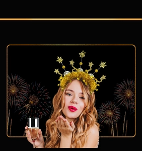 Close-up of golden firework party headband worn by a model in a festive New Year setting