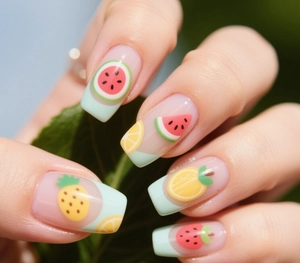 Detailed view of summer fruit nail charms with mint green french tips and glossy finish