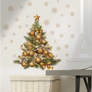 Golden Christmas tree wall decal with warm bows and snowflakes for home decor