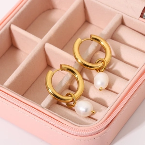 Classic 18K gold plated stainless steel hoop earrings with white oval pearl pendants
