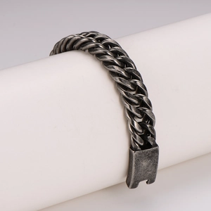 Retro oxidized silver chunky chain bracelet in stainless steel for men on white display