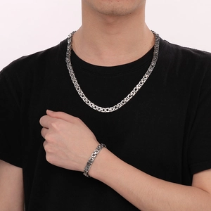 Hip hop style silver stainless steel Byzantine necklace and bracelet jewelry set for men