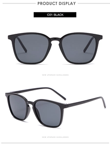Close-up of black retro square sunglasses showing front and 45-degree angle views