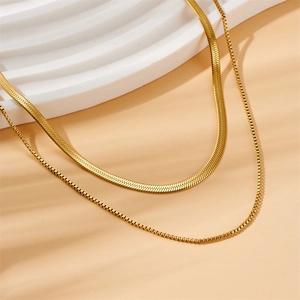 PVD gold plated stainless steel herringbone and box chain necklaces set for women