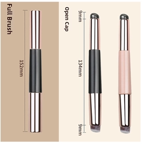 Dual-ended silicone lip brush and concealer tool showing detailed dimensions and metal body