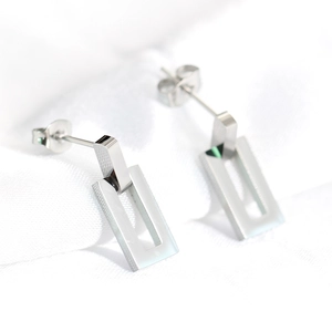 Minimalist silver-tone hollow rectangle drop earrings in polished stainless steel for women