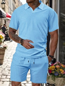 Men's light blue summer sports set featuring vertical striped texture and polo collar outfit