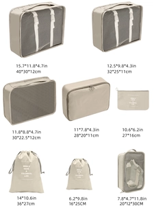 Detailed size chart for 8-piece beige travel organizer set with mesh packing cubes