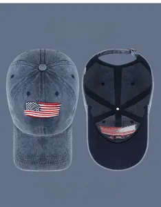 Detail view of washed cotton baseball cap with embroidered USA flag and interior sweatband