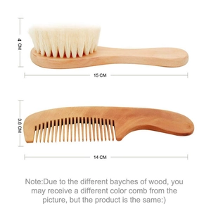 Two-piece wooden baby hair brush and comb set with soft natural bristles and dimensions