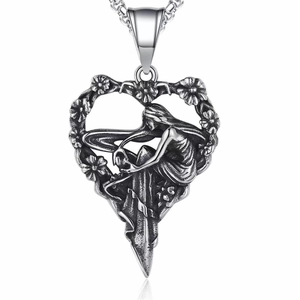 Vintage oxidized stainless steel heart pendant necklace with relief female figure