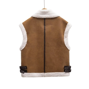 Brown faux suede vest with white faux fur lining and buckle detailing on back