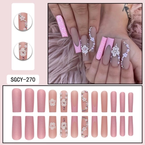 Pink press-on nails set with 3D white flowers, glitter finish, and rhinestones SGCY-270
