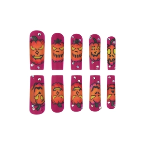 Faux ongles Halloween avec citrouilles peintes à la main et strass brillants sur rose