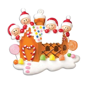 Christmas gingerbread house ornament with candy details and four characters on white background
