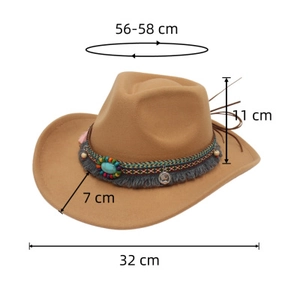 Detail view of ethnic felt cowboy hat with 56-58cm circumference and size annotations