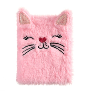 Cute pink plush cat notebook with sequin ears and embroidered details for girls