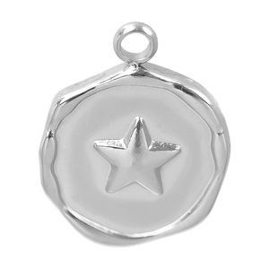 Detailed view of silver irregular round 304 stainless steel pendant with star embossing