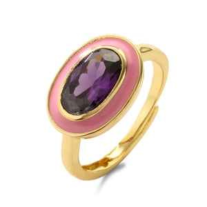 Detail of adjustable gold ring with purple oval gem and pink enamel border