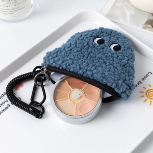 Blue fuzzy monster coin purse with zipper closure and spring lanyard for backpacks