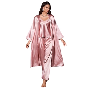 Three-piece satin pajama set with robe, lace camisole, and pants in dusty rose pink