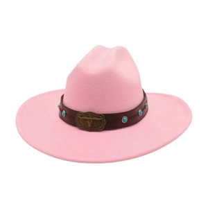 Pink wool felt western cowboy hat with leather turquoise strap and bull skull buckle