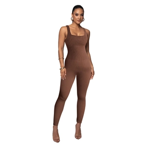 Brown ribbed sleeveless yoga bodysuit with square neck and slim fit long pants design