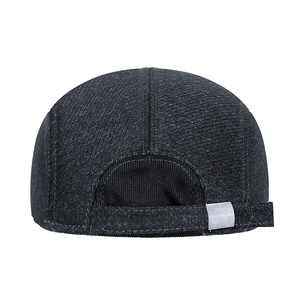 Rear view of dark grey twill duckbill cap with adjustable metal buckle for men