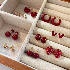Red Earrings For Women Fashion Alloy Heart Strawberry Cherry Stud Drop Jewelry With Silver Earring Post Retro Style