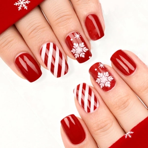 Christmas Red White Snowflake Candy Stripe Press On Nails Short Square Artificial False Nail Tips For Women Holiday Party