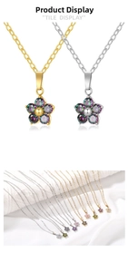 Close-up of plum blossom zircon pendant necklaces in gold and silver finish