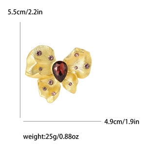 Elegant gold butterfly brooch with red gemstone and pink rhinestones with dimensions